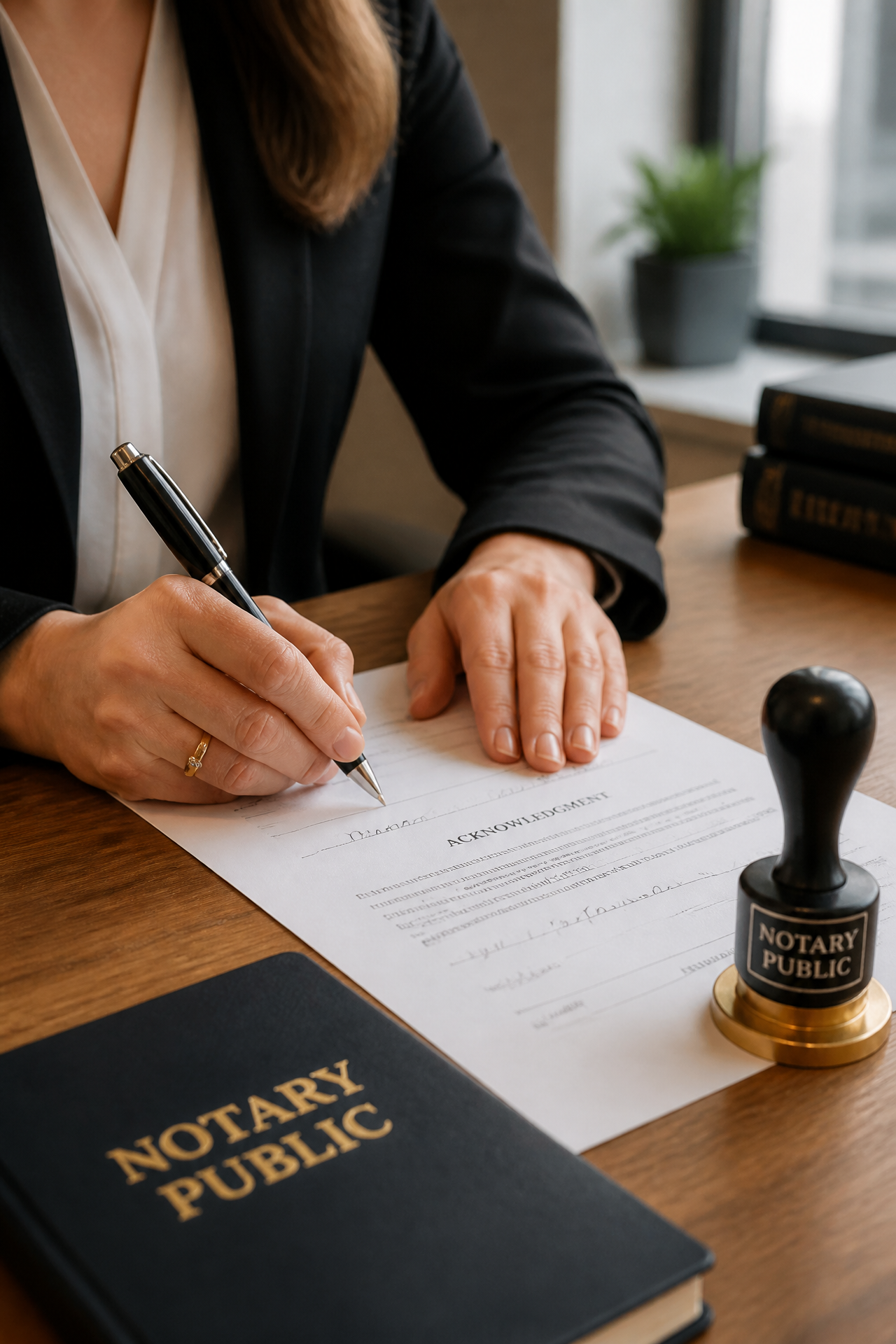 Professional notary desk with documents and seal