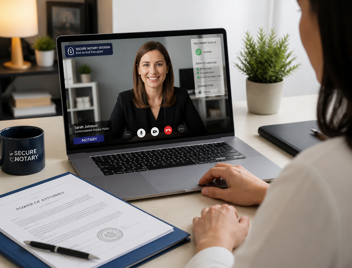 Laptop showing a secure online notary appointment with documents