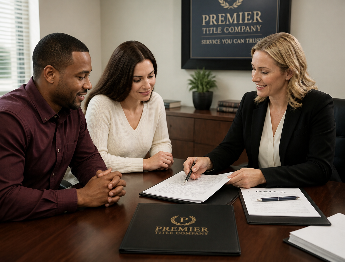 Loan signing agent reviewing closing documents with clients